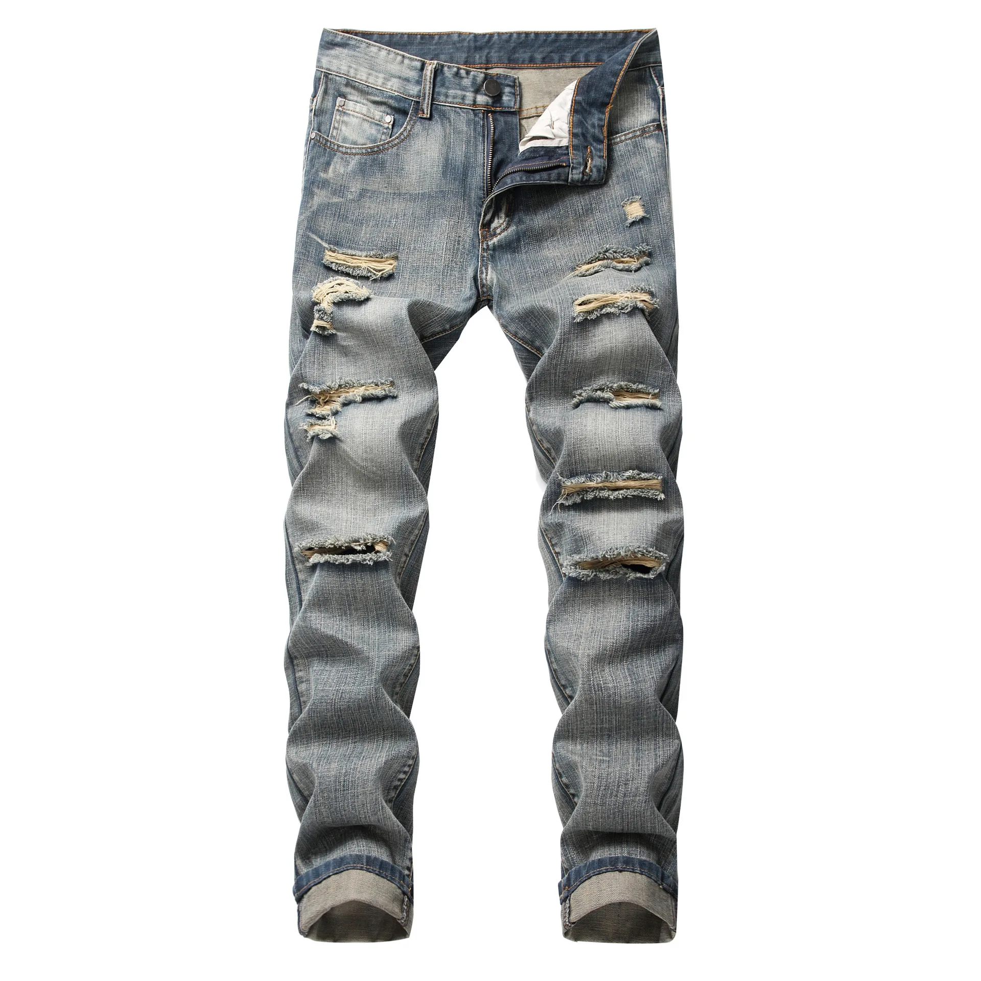 Mens Ripped Jeans Straight Slim Tattered Trousers Autumn Streetwear Large Size Denim Pants