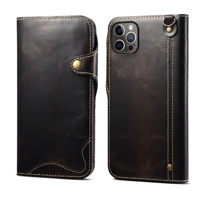 Elegant Genuine Leather Wallet Phone Case with Hand Strap