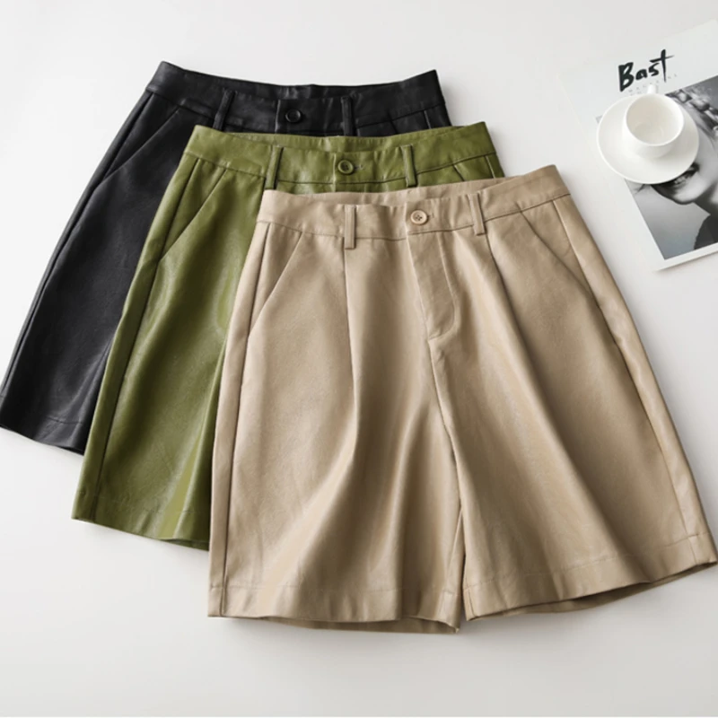 Women's Autumn Winter New Loose Five Points Leather Trousers 2024 Button Fashion PU Leather Shorts Female Solid oversized Shorts