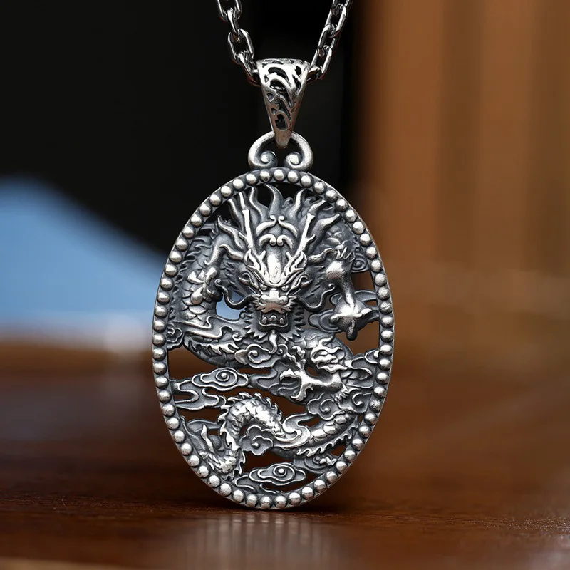 925 Thai Silver Masculine and Dominant Nine Dragon Pendant Vintage Wind Xiangyun Dragon Classic Round Men's Necklace Jewelry