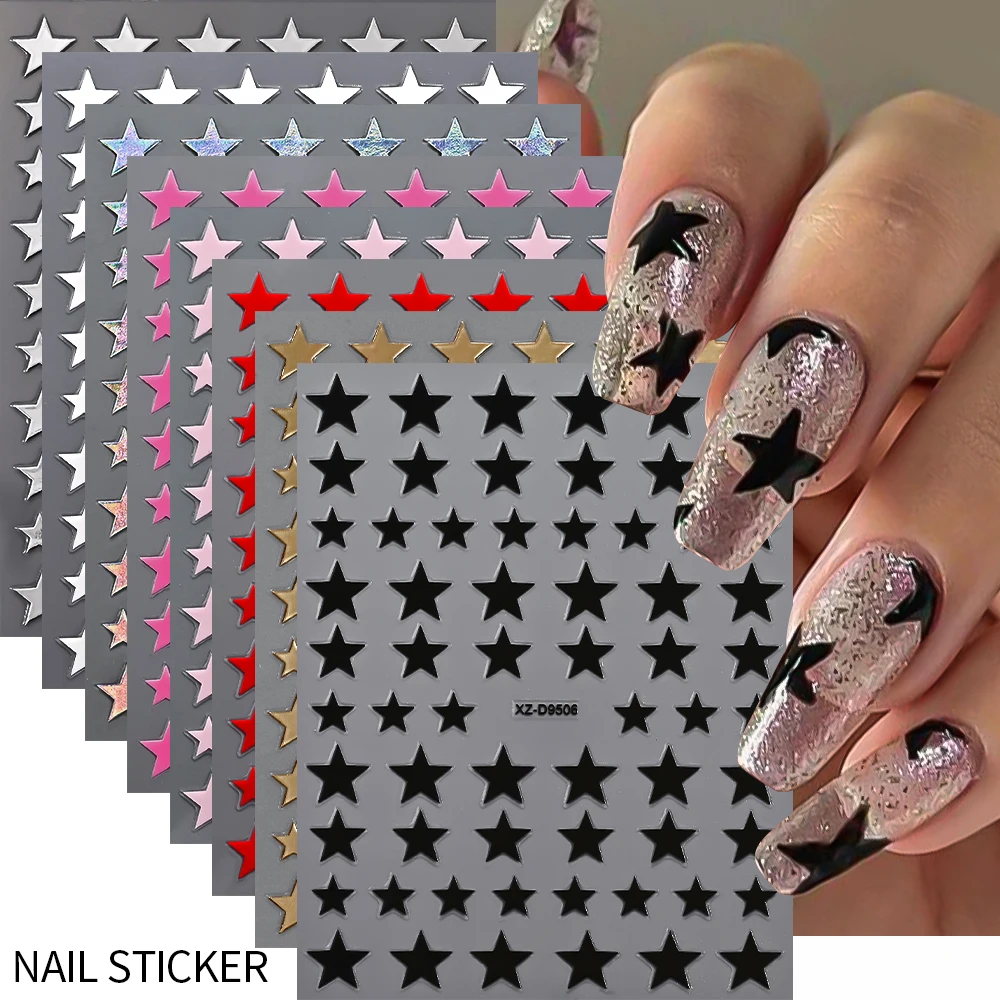 8PCS Metallic Pink and Gold Star Nail Art Stickers - High Gloss Pentagram Design for Trendy Manicure Decoration