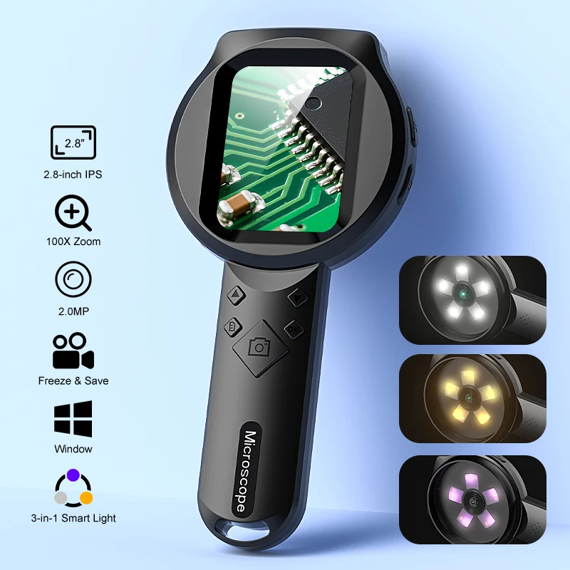 2,8'' IPS-Bildschirm, digitale Lupe, 100-fache Vergrößerung, 2 MP Video, tragbares Mikroskop mit 15 LEDs zum Münzuntersuchungsgerät für Windows/Ma