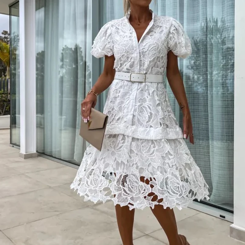 

Women Fashion Stand Neck Button Midi Dress Casual Puff Short Sleeve Tie Solid Party Dress Sexy Flower Lace Crochet A-Line Dress