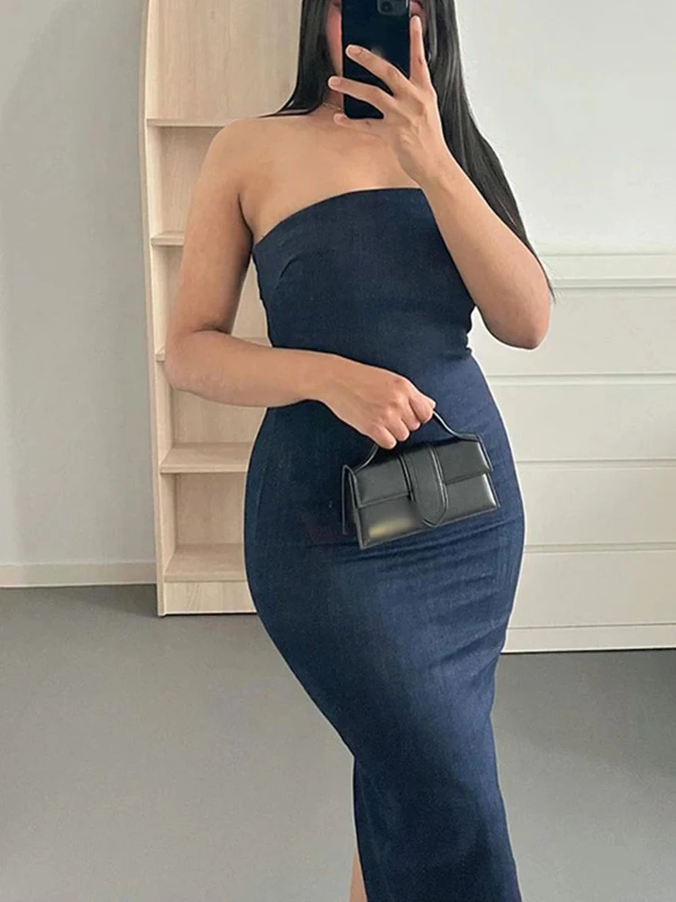 MUJER Off Shoulder Denim Dress Woman Blue Corset Long Dress Women Sexy Bodycon Midi Dresses For Women 2025 Elegant Party Dresses - Image 2