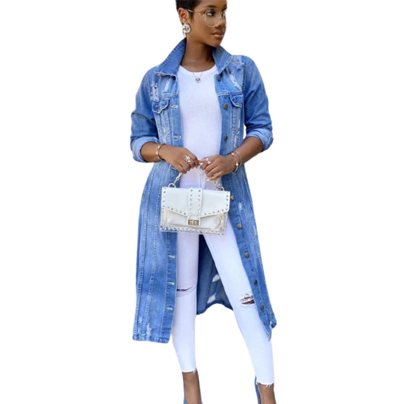 

Fashion Broken Holes Long Denim Jacket Women Autumn Winter Lapel Long-sleeve Single-breasted Coat Female Trend Casual Outerwear