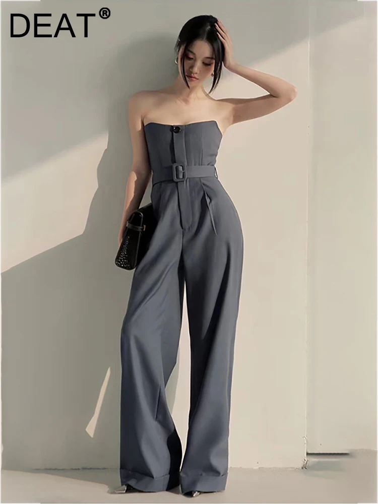 

DEAT Women's Fashion Jumpsuits Strapless Belt Backless Sleeveless Loose Office Lady Female Playsuits Summer 2023 New 13DB3472