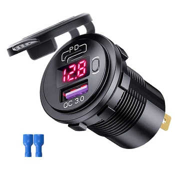 Caricatore USB per auto QC3.0 PD Tipo C USB con presa interruttore per veicoli 12V/24V Barca Moto SUV Bus Camion Roulotte Marine