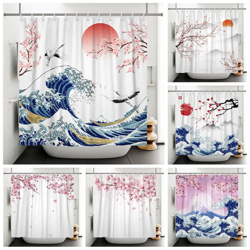 

Japanese Ink Painting Shower Curtain Mount Fuji Red Sun Cherry Blossom Landscape Polyester Fabric Bathroom Curtain with Hooks