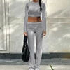 Rockmore Casual Minimalist Solid Women's Long Sleeve Crew Neck T Shirts Low Waist Pants Sets Comfy Breathable Two Piece Outfits 2