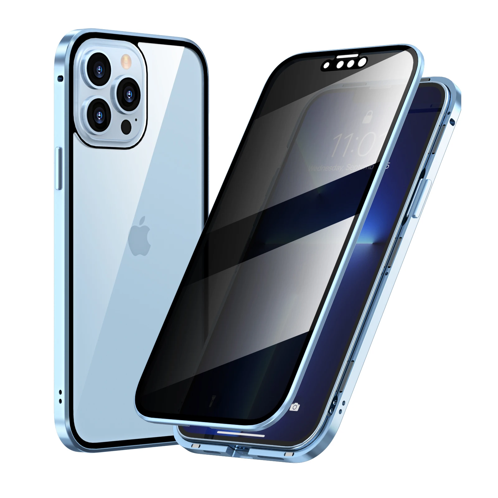 

Luxury Metal Bumper Magnetic Flip Case for Apple iPhone 13 Pro Max Alloy Armor Full Privacy Temerped Glass Protector Phone Cover