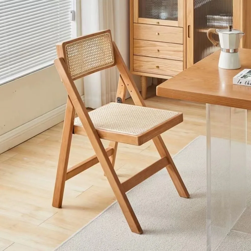 Wabi Stillwind Rattan Chair Household Folding Nanzhu Solid Wood Stool Backrest Dining Chair Nordic Log Wind Eating