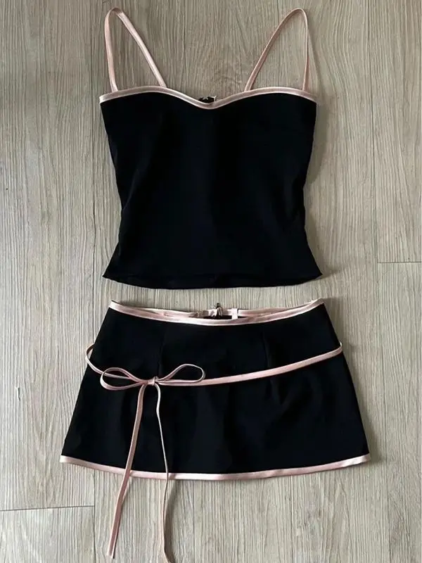 Goth 2-Piece Set Summer Dresses Sling+Short Skirt Slim Harajuku Korea Crop Top Sexy Hot Girl Punk Y2k Grunge 2000s Emo Backless