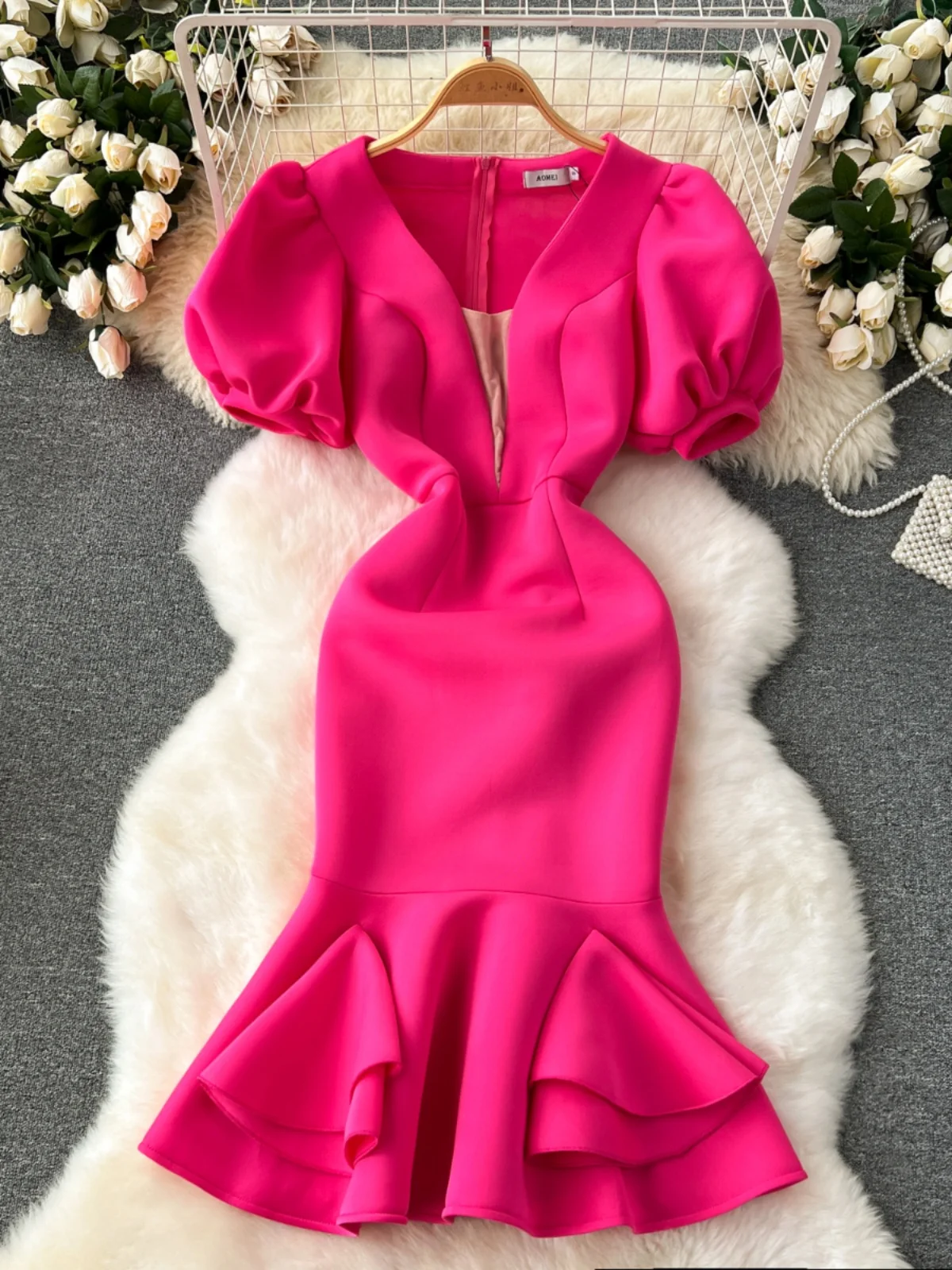 

European and American Style Dress Women's New High-Grade Bubble Sleeve Slim Mid-Length Socialite Fishtail Skirt