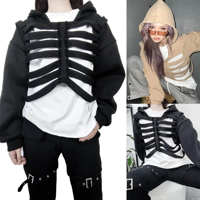 Long Sleeved Hoodie Skull Hollow Solid Color Pullover Sweatshirt Street Style Spring and Autumn Party Halloween 2024 New YDL36