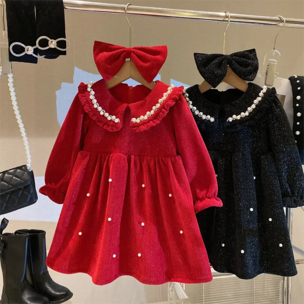 

Girls Sweet Princess Dress Children Kids Baby Thickening Velvet Winter Pearl Dress Birthday Party Christmas New Year