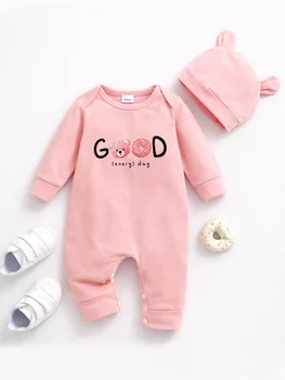 Pagliaccetto per neonata con cappello, tutina per neonati in cotone a maniche lunghe con stampa cartoon, completo in un unico pezzo morbido e traspirante per 3-12 mesi
