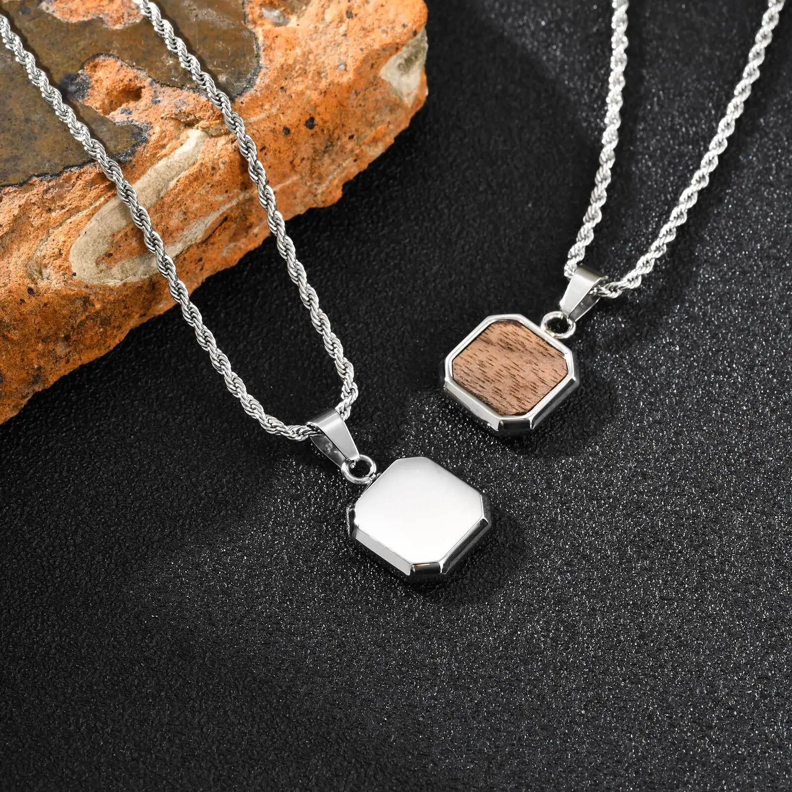 Minimalist Brown Square Pendant Necklace for Men,Wateproof Natural Wood Necklace with Twistd Chain,Vintage Jewelry Gift