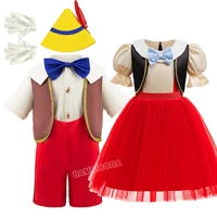 Boy Girls Pinocchio Cosplay Suits Dress Movie Shirt Pants Vest Sets With Hat 1-6 Years Halloween Anime Character Puppet Outfits