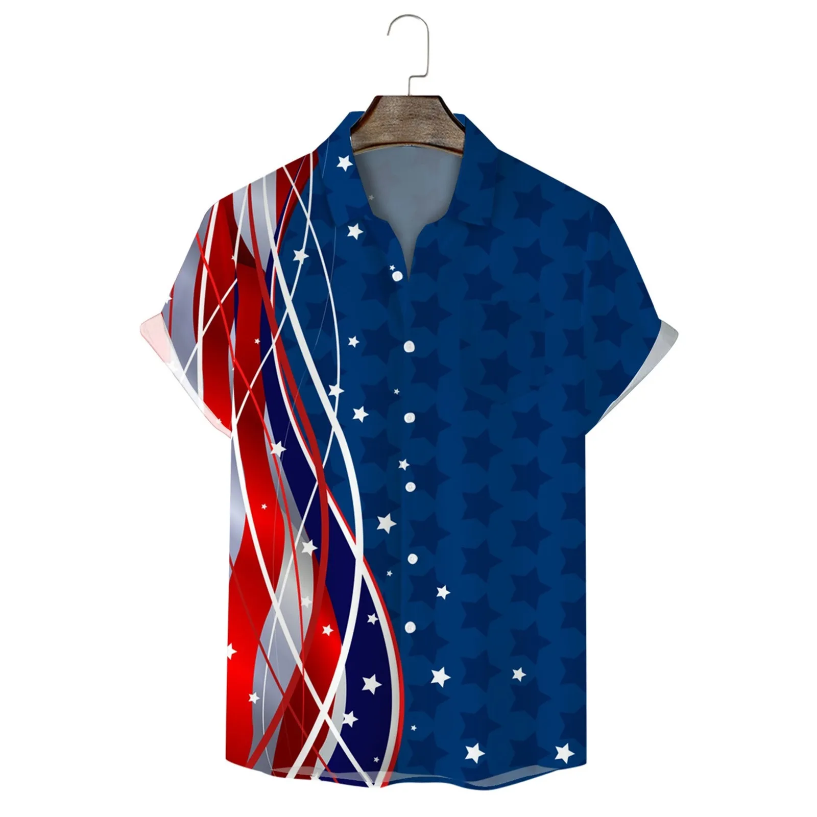 

Mens Independence Day Flag 3D Digital Printing Personalized Fashion Lapel Button T Shirt Shirt Short Sleeve slim fit Holiday