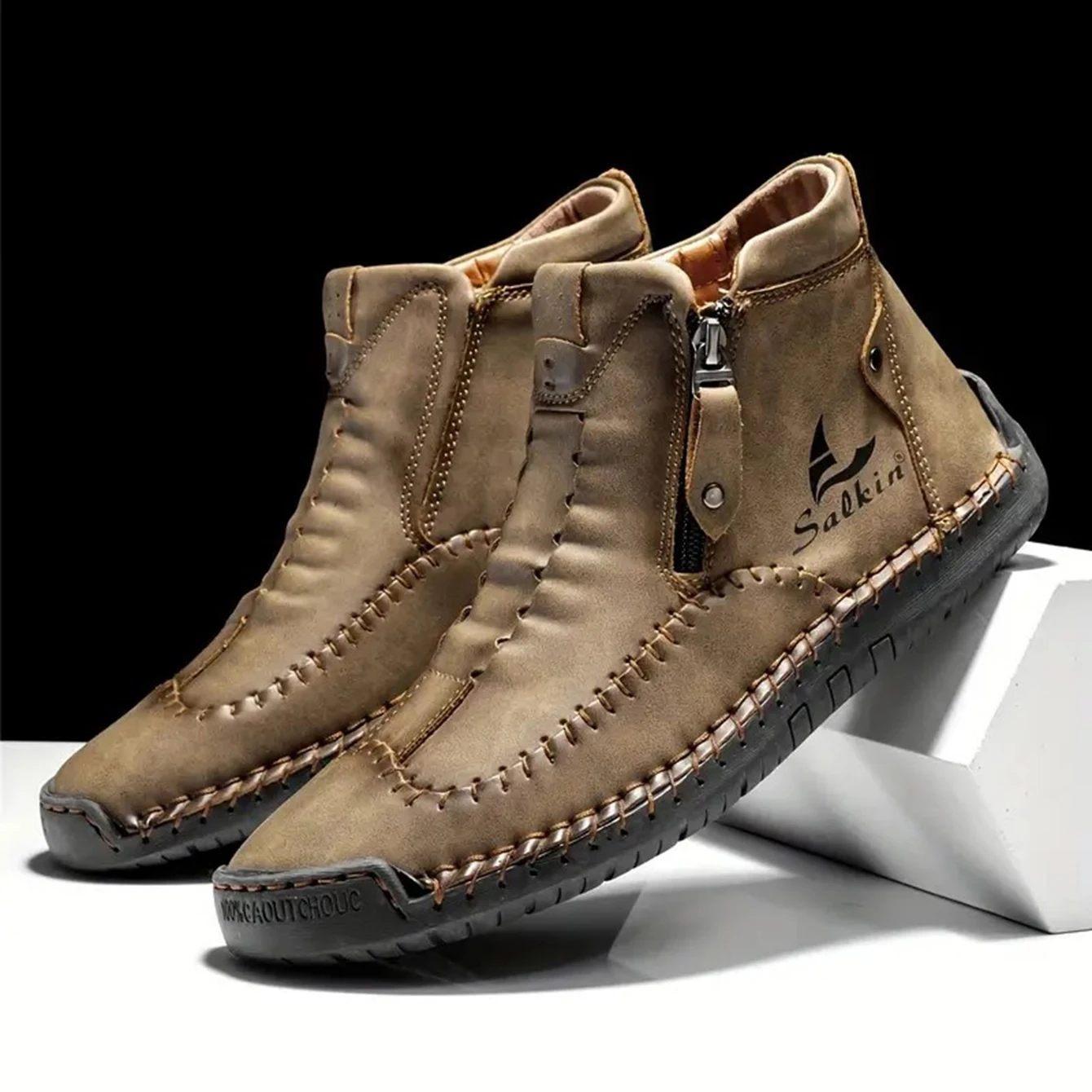 Handgenähte High-Top-Stiefel für Herren, modische Freizeitschuhe mit seitlichem Reißverschluss, Ganzjahres-Outdoor-Stiefel, große Herrenschuhe, bequeme nackte Stiefel – Detail 12
