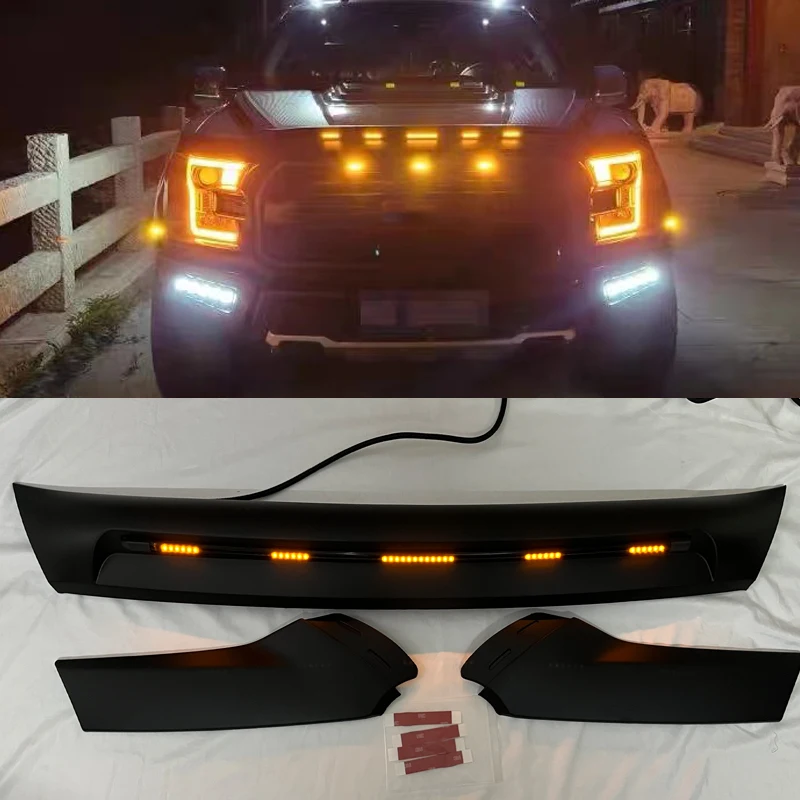 

For Ford Raptor F150 F-150 2015 2016 2017 2018 2019 2020 Black Front Bug Shield Hood Deflector Guard Bonnet Amber LED Light