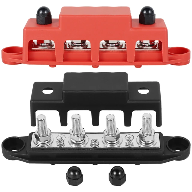 12V 250A 4 Post Busbar Bus Bar Power Distribution Block W/ Cover 5/16  Black+Red