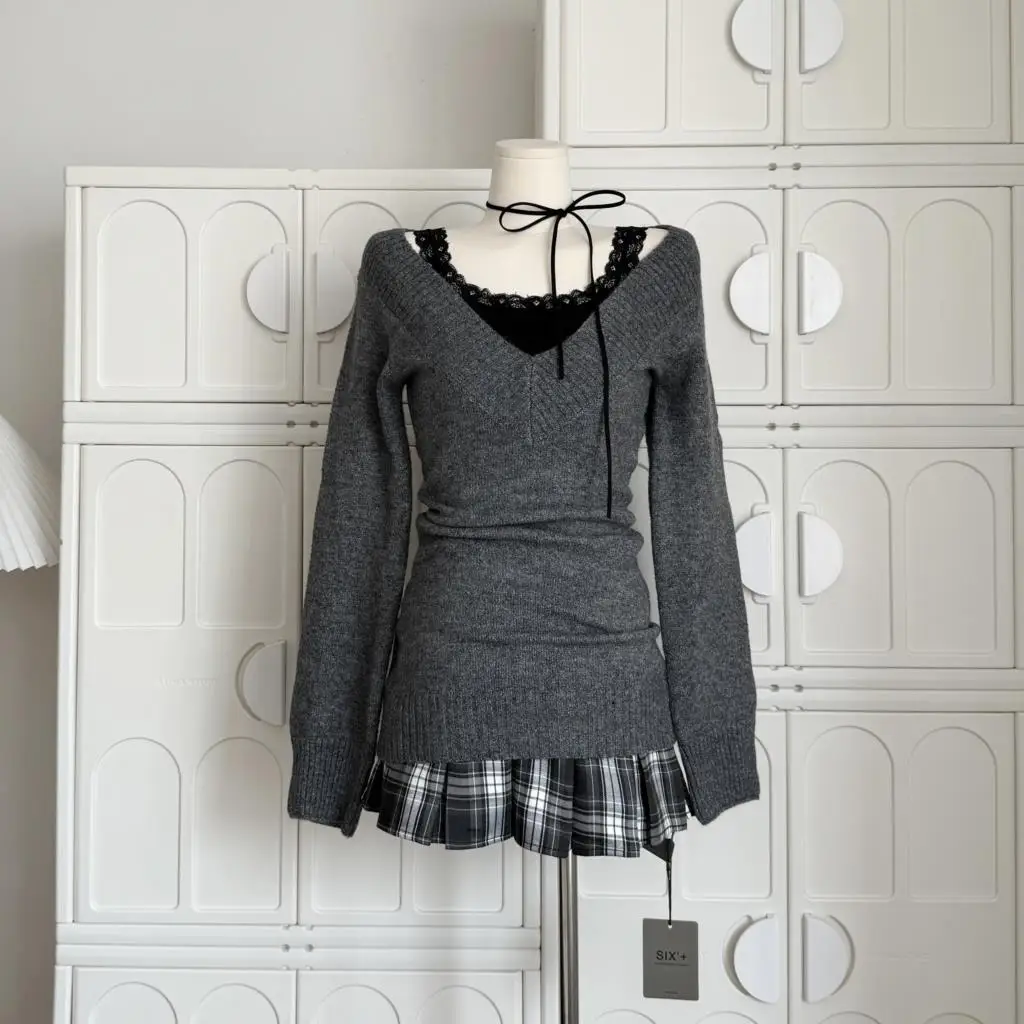 Autumn Winter Woman Gyaru V-neck French Vintage Sweater Long Sleeve Pullover Knitwear Mini Skirt 2000s Aesthetic 3-piece Outfits