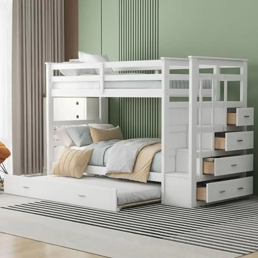 Solid Wood Twin Over Twin Bunk Bed with Stairs Trundle and Storage Drawers Safe Rails and Sturdy Climbing White Finish Size