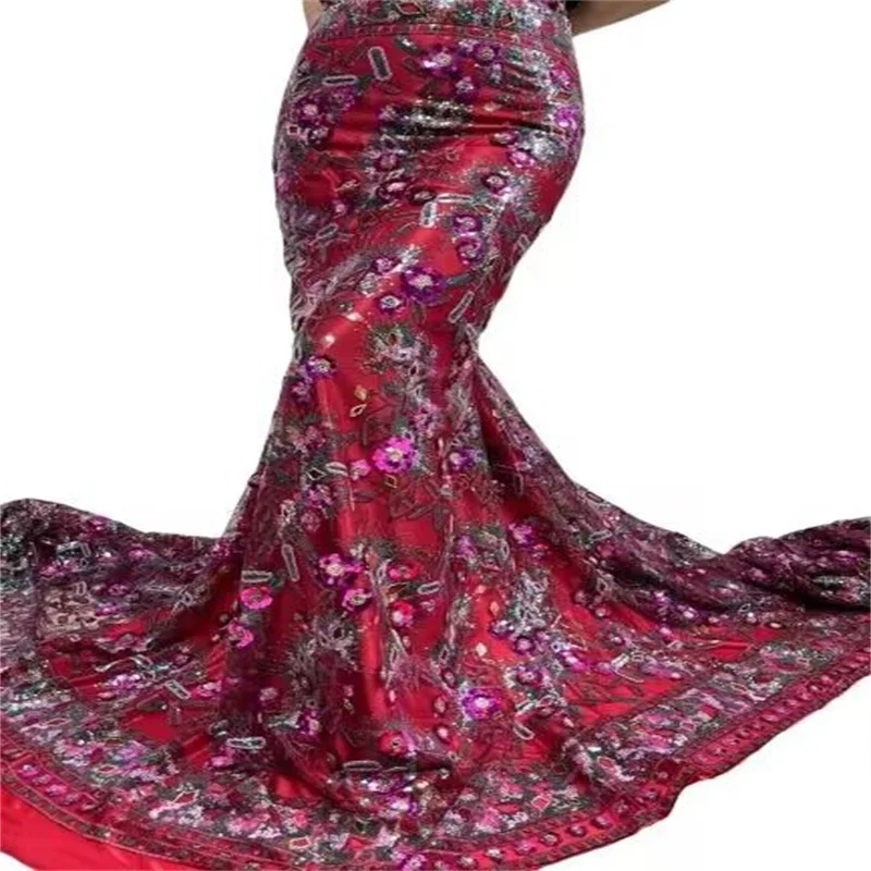 

Luxurious Nigerian Handmade Beads Lace Fabric Red High Quality Sequins Beaded Embroidery African French Lace Fabric For Dress