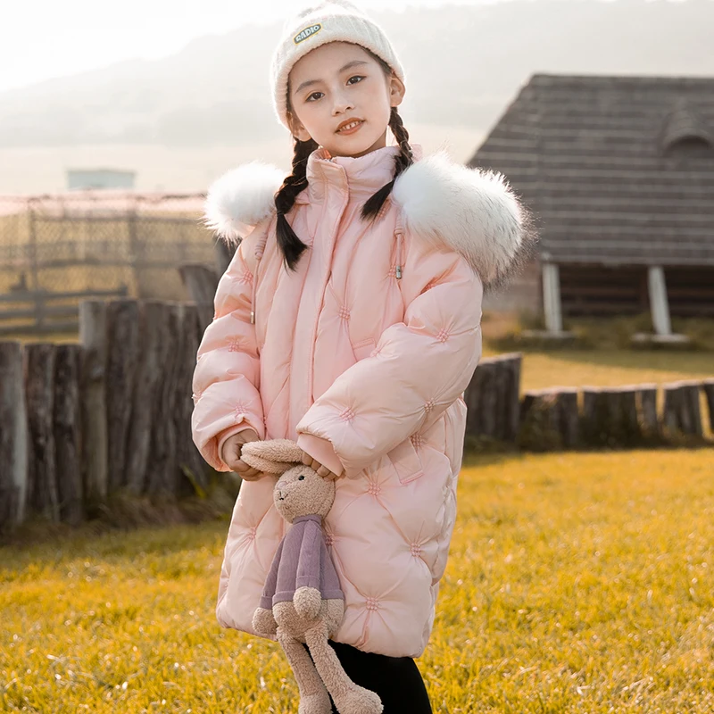 HSSCZL Girls duck down jackets embroidery long 2022new winter thicken girl coat outerwear overcoat hooded fur children&s clothes