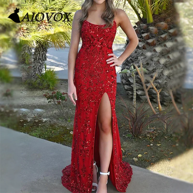 

AIOVOX Prom Dress Elegant Mermaid Appliques Sequin Evening Gown Cowl Neckline Lace-up Floor-length Vestido De Noche for Women