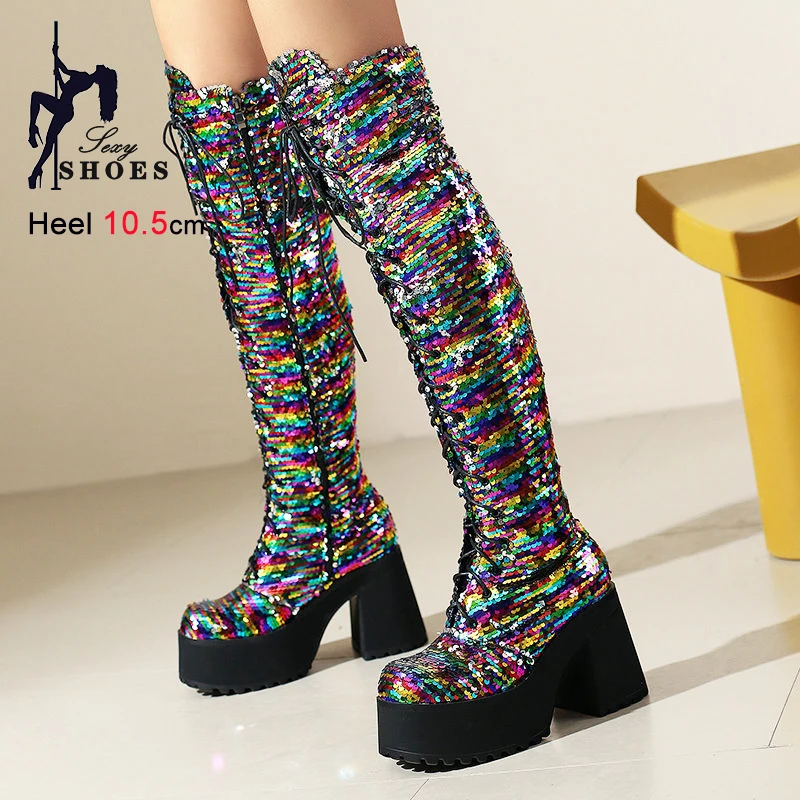 Glitter Boots Lace-up Thick Platform Thigh High Nightclub Party Bling Gothic Women Shoes 10.5CM Sparkly Round Toe OverKnee Boots