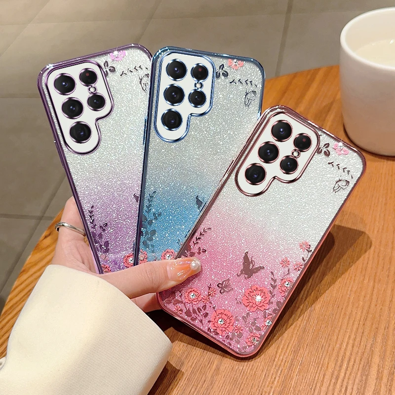Custodia Placcata Fiore Farfalla Glitter Di Lusso Per Samsung Galaxy S8 S9 S10 S20 Fe S21 Plus S22 S3 Ultra Note 20 10 Plus Cover Morbida