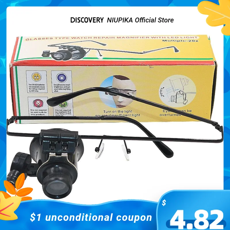 

Glasses Type Jewelry Watch Repair Magnifier with LED Light Multiple 20x Jewely Tools