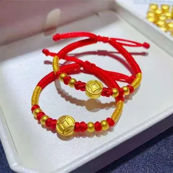 1PCS 순수한 24K 옐로우 골드 쥬얼리 진짜 24K 옐로우 골드 팔찌 여성을위한 골드 코인 매트 골드 비드 레드 문자열 아기 선물