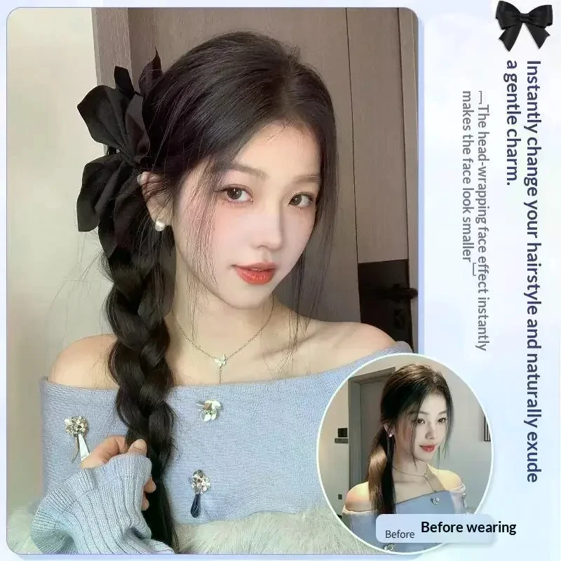 Side-Tie Synthetic Braids Ponytail Hair Extensions With Black Butterfly Knot Clips For Elegant Girls Daily And Party Wear