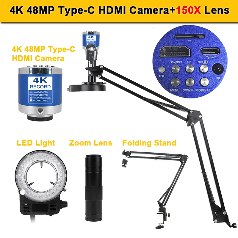 Цифровой микроскоп 4K для электроники, 48 МП, камера Type-C HDMI, зум-объектив с креплением 150X C и кольцом, искусственный микроскоп