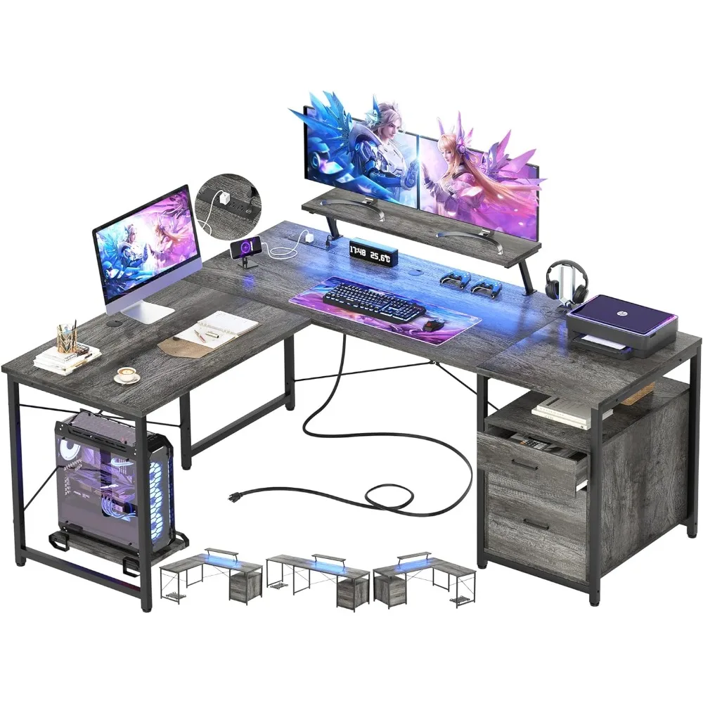 Unikito L-Shaped Desk with Power Outlet and LED Strip, Reversible File Drawer and Monitor Stand, Gaming Table Writing Desk