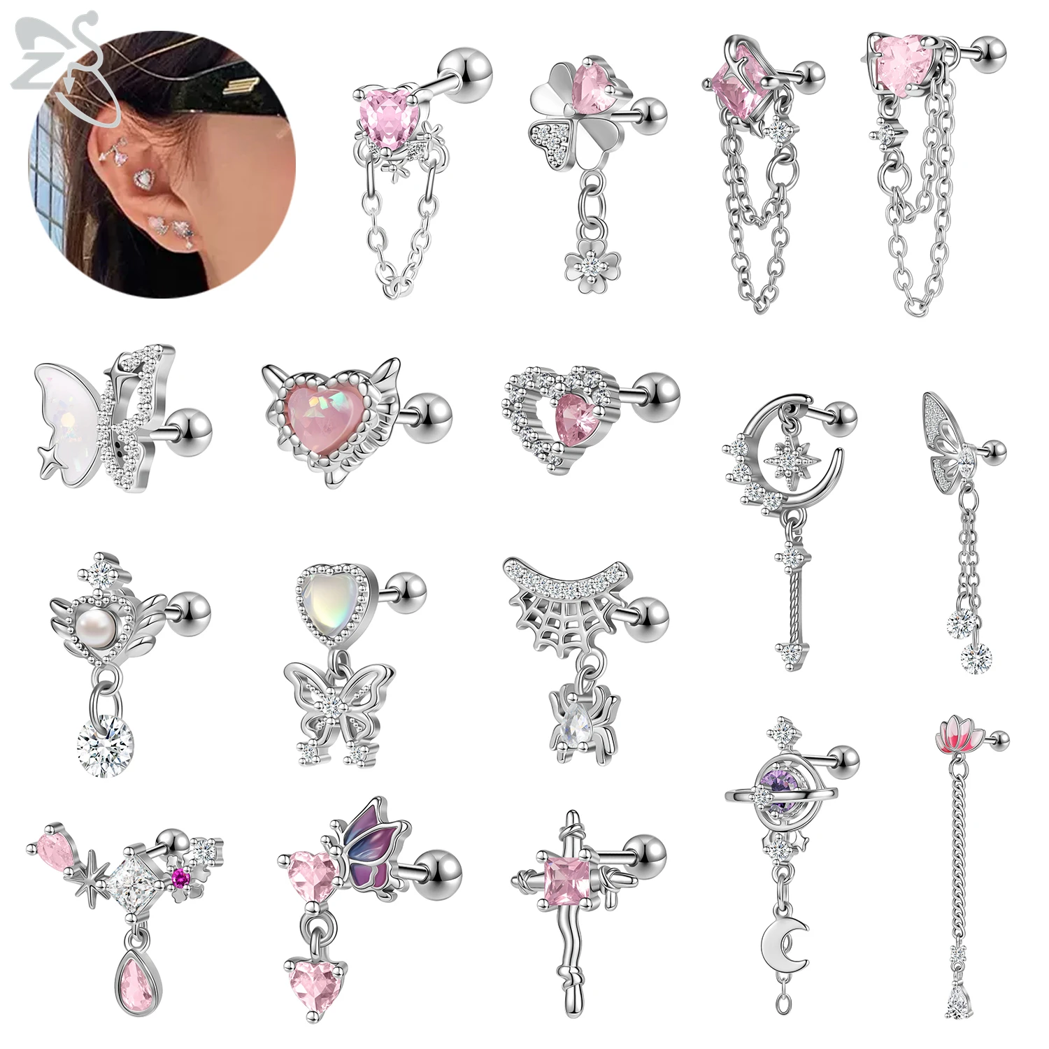 ZS 1 Piece 20G Cute Heart Stud Earring For Children Women Pink CZ Crystal Earrings Ear Cartilage Helix Conch Piercing Jewelry