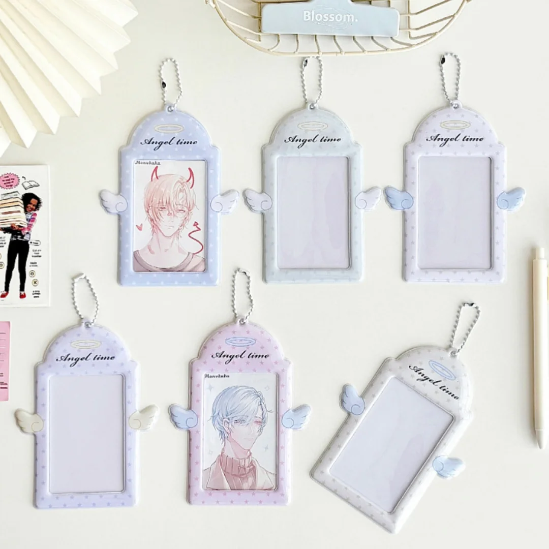 Ins Angel Wings Kpop Card Holder PVC Card Cover Keychain Ornament Photocard Holder Student Bus Car Case Photo Protector Sleeves