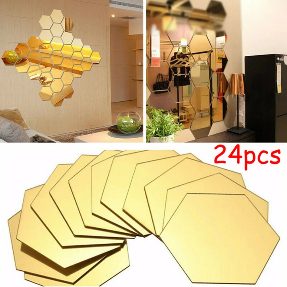 

24pcs 3D Hexagon Mirror Wall Sticker Self Adhesive Removable Decals DIY Wall Sticker Home Decor For Living Room Bedroom Bathroom