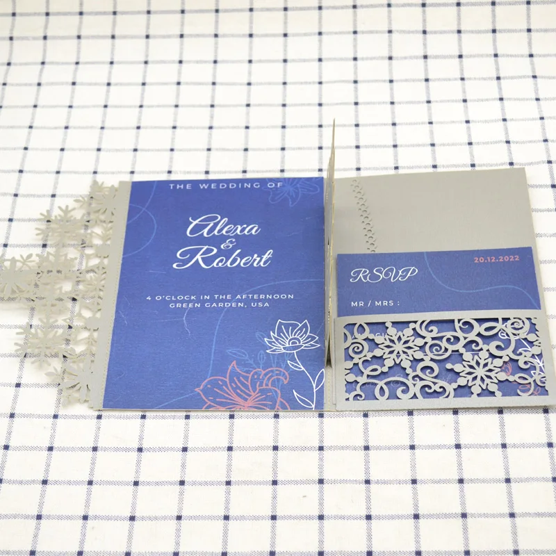 Luxury silver pop up 3D pocket cards laser cut snowflake wedding invitations