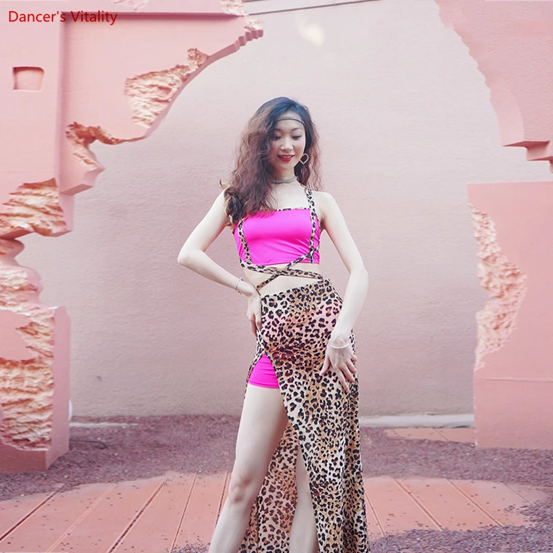 

Женский костюм для танца живота, топ без рукавов и длинная юбка, с леопардовым принтом, для представлений