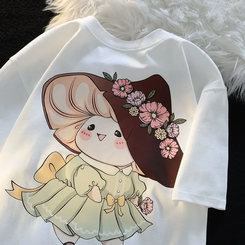 

New fashionable cute retro couple short sleeved spring and summer new girly dopamine sweet loose half sleeved top niche T-shirt