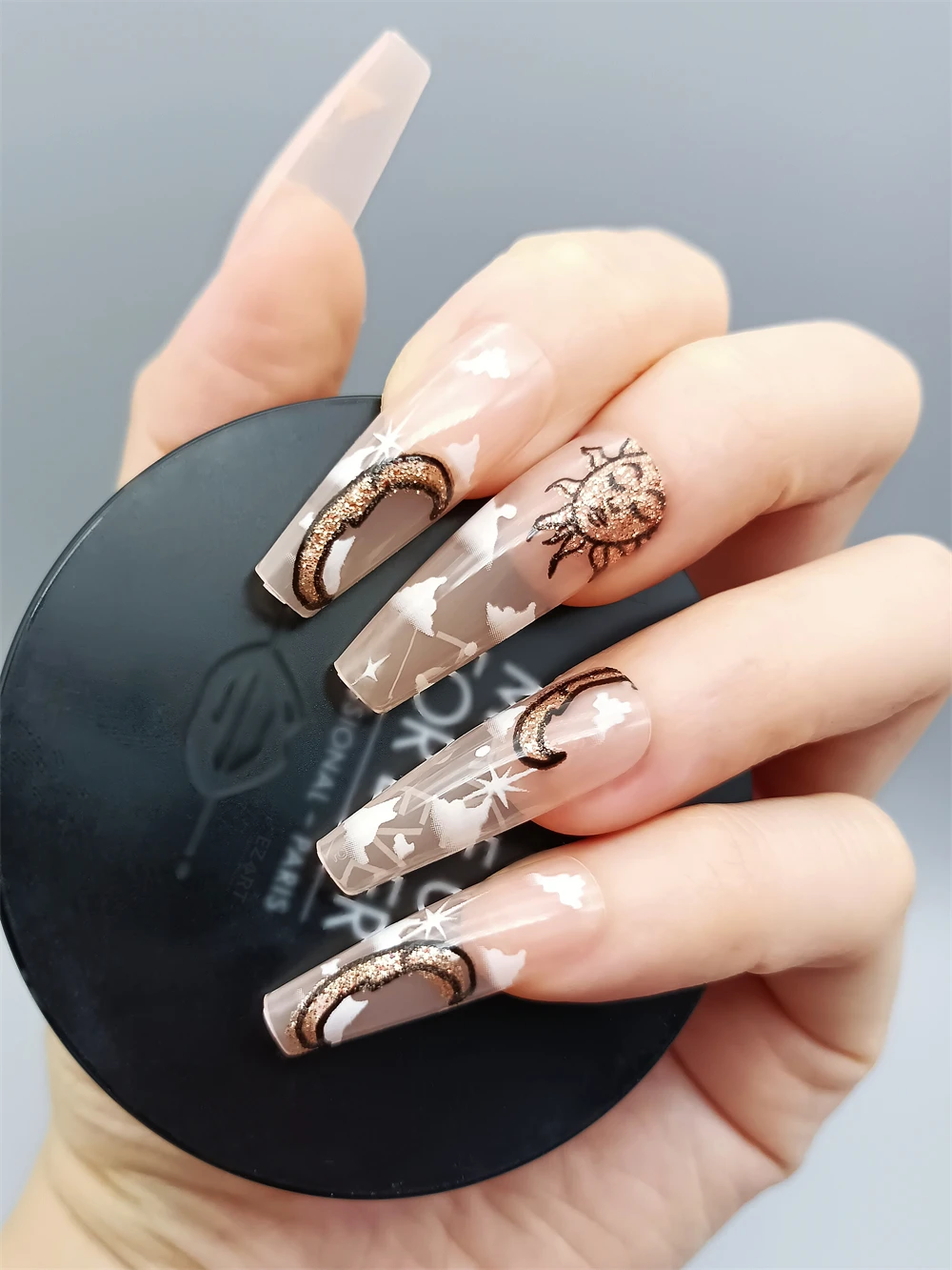 24pcs Set Golden European Sun Moon Pattern Designed False Nails Coral Nude  Color Press On Nails Coffin Long with White Clouds| | - AliExpress