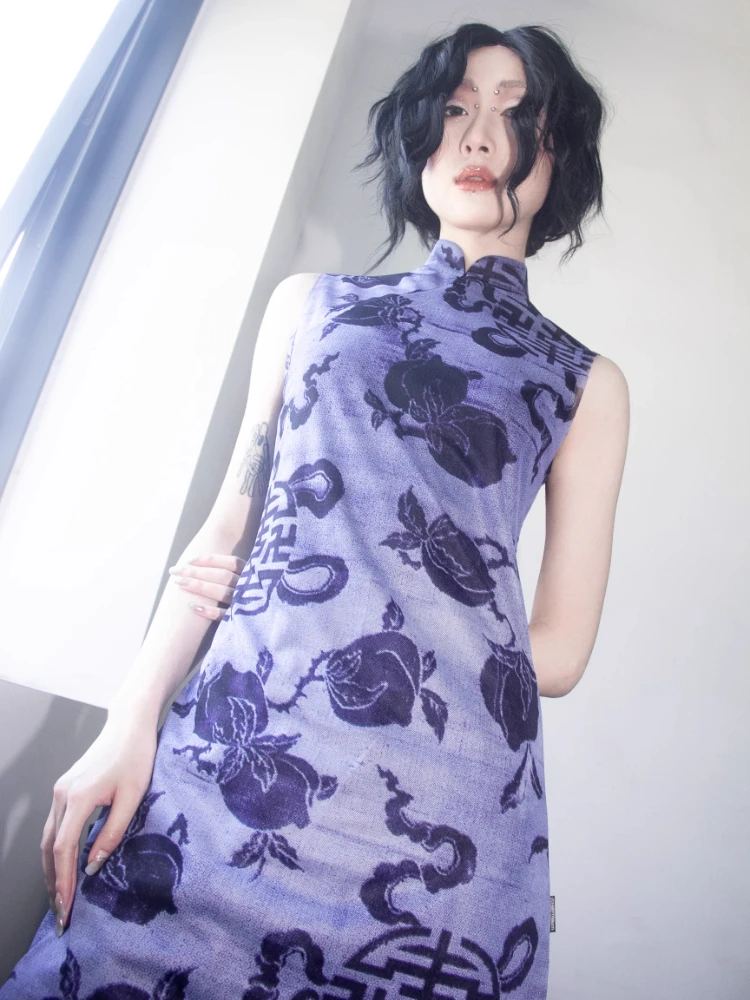 

Millennium Mambo |Purple Print Elastic Mesh Cheongsam Collar Sleeveless Dress Modified Cheongsam with New Chinese Style Qipao
