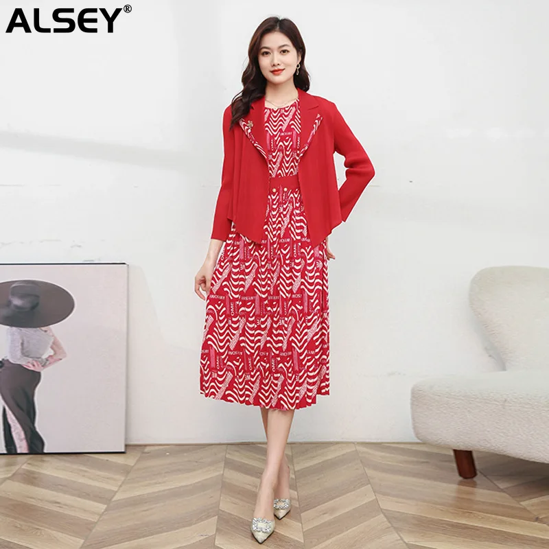 

ALSEY Miyake Original Spring New Printing Two-piece Dress Thin Temperament Casual Korean Style Senior Skirt Women Clothing