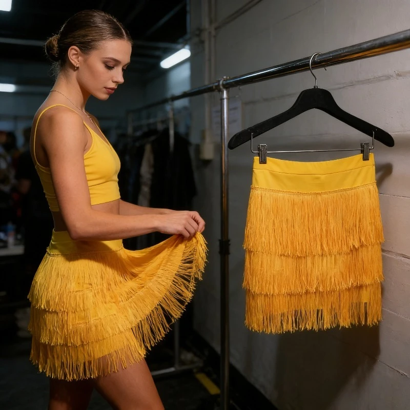 Gonna Nera con Frange per Danza Latina, Abbigliamento da Allenamento e Performance per Donne, Gonna Corta da Ballo - immagine 4