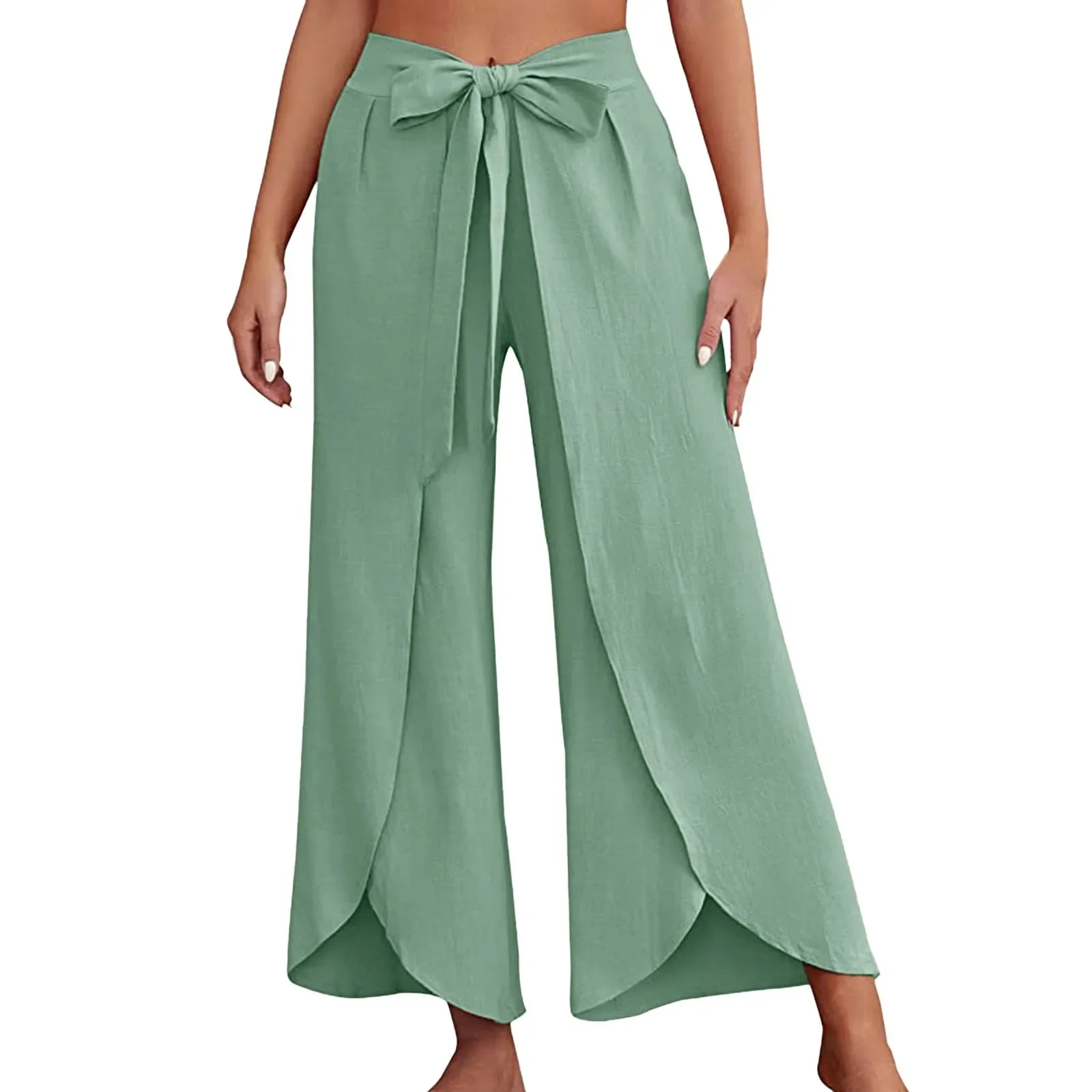 Women's Fashion Loose Casual Solid Color High Waist Flowy Wide Leg Pants Front Split Wrap elegant lace-up Length Trousers