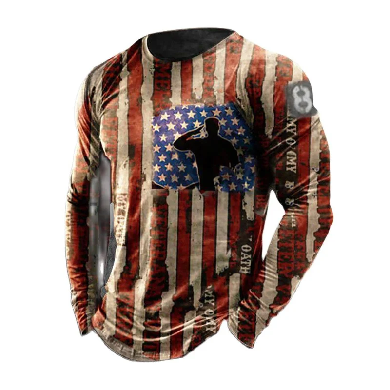 Spring Autumn Men's 3d Letter Print American Flag Long Sleeve T Shirt Street Trend O Neck 2022 Vintage Shirt Plus Size Pullover